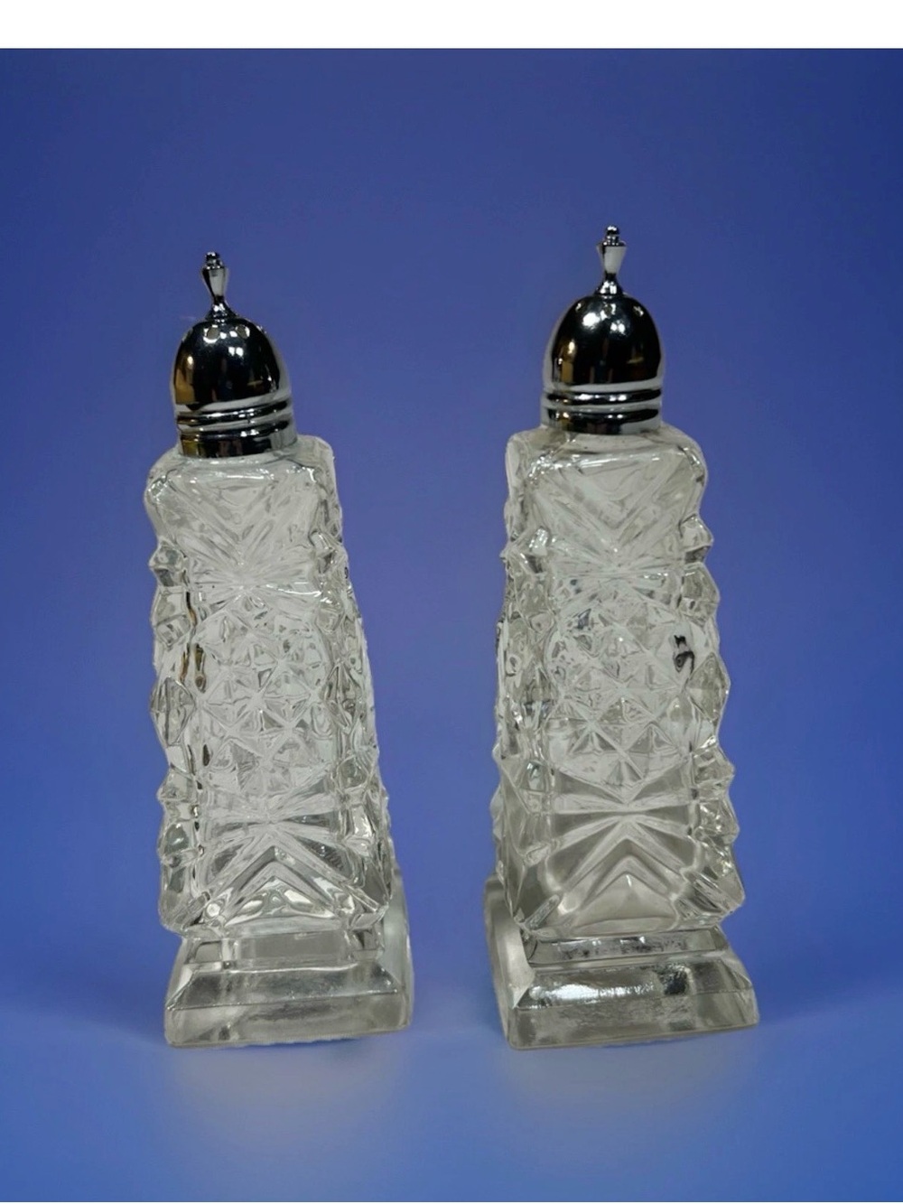 Vintage Salt and Pepper Shakers Clear Cut Glass 4.75” Silver Tops Art Deco